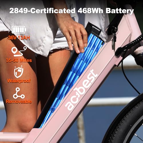 Image of ACTBEST Core Electric Bike, 468Wh Removable Battery, 26 inch Step Thru Electric Bicycle, 350W(Peak 750W) Brushless Motor Cityrun Ebike, with 7 Speed, Up to 50 Miles, Pink - with Mirror