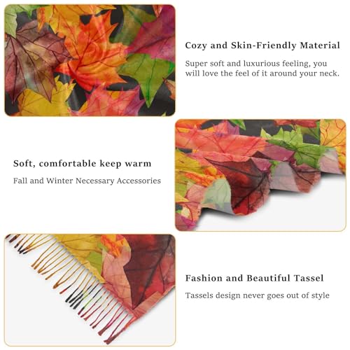 VIGTRO Women Wrap Pashmina Shawl Autumn Maple Leaves Cashmere Feel, Watercolor Fall Foliage Winter Warm Long Scarf with Tassels for Evening Dress & Wedding3