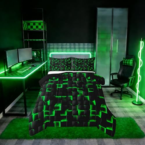 Image of Erosebridal Neon Black Green Boys Comforter Set Toddler Size Geometric Checkered Bedding Set for Kids Teen Men Gaming Room Decor,Abstract Ombre Plaid Comforter Grids Quilt Duvet