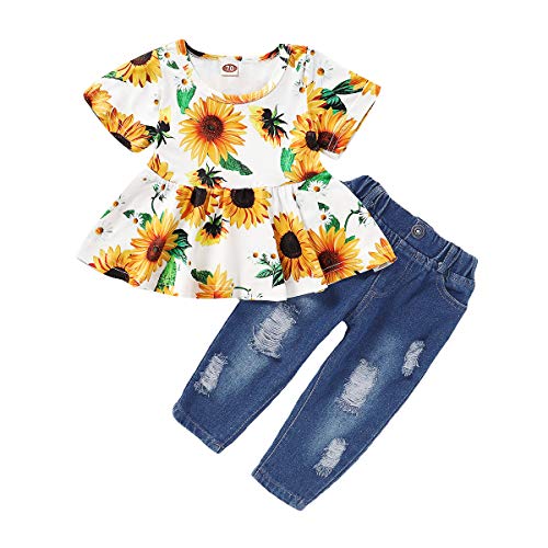 Image of CARETOO Girls Clothes Outfits, Cute Baby Girl Floral Long Sleeve Pant Set Flower Ruffle Top