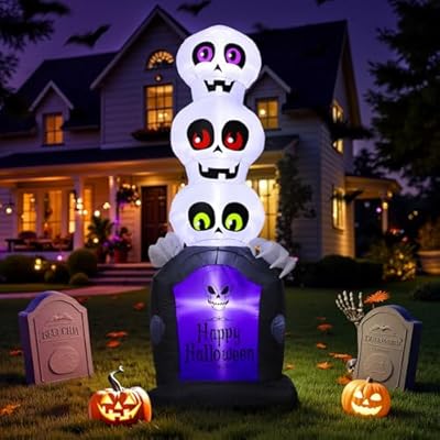 Wothfav 200CM Hinchable Halloween Decoracion Exterior - Inflable Lápida y Fantasmas Decoración con Luces LED Incorporadas - 3 Fantasmas Sonrientes Decoracion Halloween Puerta para Césped Jardín Patio