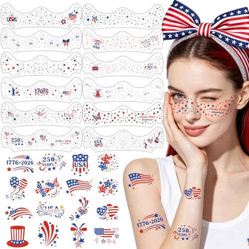 Image of 28PCS 4th of July Face Tattoos, Red White Blue Glitter Freckles Stars Stripes USA Flag Temporary Tattoos, Patriotic Face Stickers for Women Kids, Independence Day Party Makeup Accessories