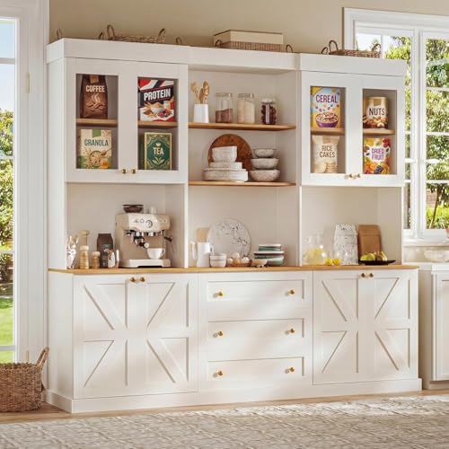 71" White Farmhouse Kitchen Pantry Cabinet Set of 3— Freestanding