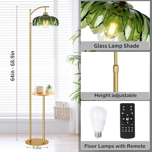 Image of QIYIZM Glass Floor Lamp with Table and Shelves for Living Room Bedroom,Gold Standing Lamp with Remote Dimmable,Boho Brass Tall Lamp Vintage Farmhouse Arc Green Flower Floor Light Bohemian