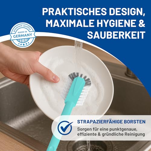 Rival 4er Set Spülbürste Euro-Line mit PBT-Borsten türkis – je 2 Spülbürsten in der Form rund & diskett – Geschirrbürste für die Küche – Spülbürsten Set – Putzbürste mit Öffnung zum Aufhängen