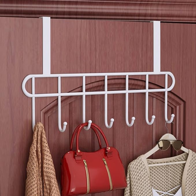 Image of Kundi Multi-Functional Over-the-Door Hook Hanger Rack - Heavy-Duty Steel Wall Hook Organizer with 7 Hooks for Clothes, Towels, Kitchen & Bathroom