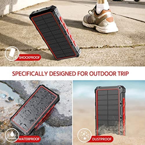 Solar Power Bank,Solar Charger 38800mAh, Qi Wireless Charger, Outputs 5V/3A High-Speed & 2 Inputs Huge Capacity Phone Charger for Smartphones, IP66 Rating, Strong Light LED Flashlights (Red)
