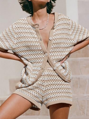 Saodimallsu Womens Crochet Swimsuit Coverup Summer Beach Sets Striped Knit Short Sleeve Button Shirts 2 Piece Short Set2