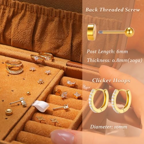 KRFY Flat Back Stud Earrings - 17 Pairs 18K Hypoallergenic Surgical Steel Stud Earrings For Women Stainless Steel Gold Hoop Earrings Tiny Screw Back Cartilage Earring Set For Multiple Piercing2