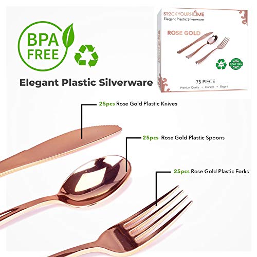 Gold, Silver, Rose Gold Plastic Cutlery Set Disposable Silverware - Forks, Knives, Spoons - For Catering, Parties, Dinners, Weddings, and Everyday Use - Image 4