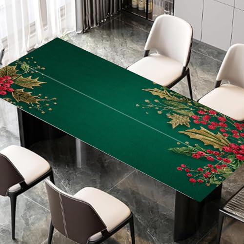 Image of Green Gold Holly Berry Desktop Sticker 39.37x23.62In, Classic Christmas Corner Desk Decal, Easy Clean Table Surface Sticker, Elegant Holiday Home Decor