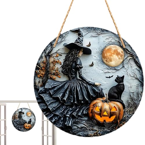 Cartoon Halloween Door Hanger - Scary Witch and Black Cat Sign, Acrylic Wall Art with Moon and Pumpkin | Hangable Decoration for Indoor Outdoor Use, Great for Halloween Party Supplies, Themed Holidays