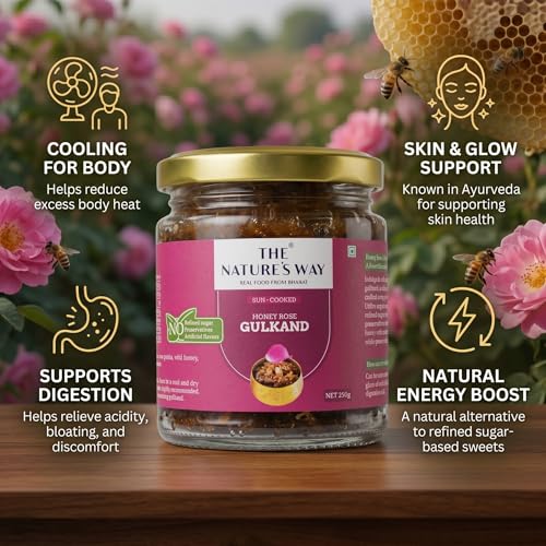 Image of The Natures Way | Honey Rose Gulkand 250g | Sun-Cooked Damask Rose Petal Preserve with Raw Honey & Mishri | No Added Refined Sugar