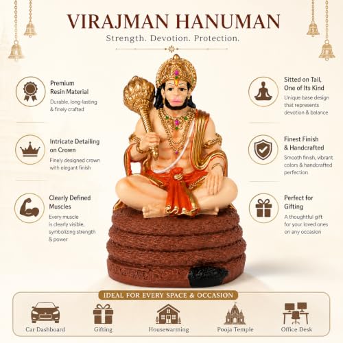 Image of Virajman Hanuman Ji Idol Sitting on Tail | Ravana Sabha Pose | Hanuman Murti for Car Dashboard, Home Temple & Office Decor, Housewarming, Vastu | 3.8 Inches | Multicolour