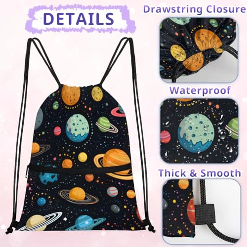 Colorful Planet Pattern Polyester Drawstring Bag with Zipper Pocket, 18x14 Inch Water-Resistant Gym Sack String Backpack for Sports, Travel, Camping3