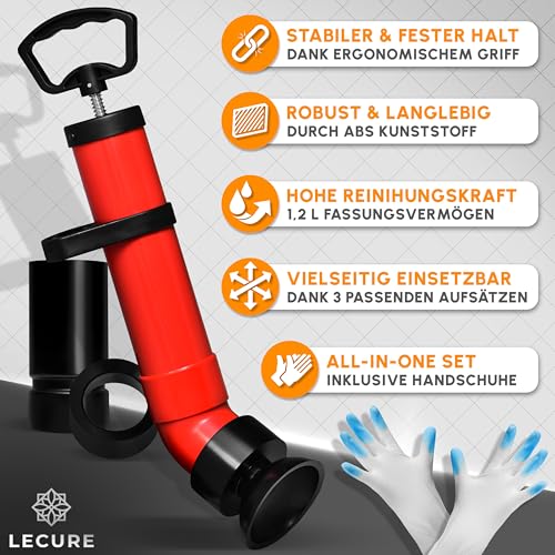 LECURE® Rohrreinigungspumpe [Inkl. 3x Aufsätze] - Effektive Abflusspumpe für Rohrreinigung inkl. Handschuhen und 3 Abfluss-Adaptern für Dusche, Toilette, Spüle & Co.
