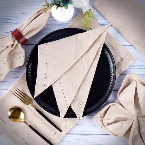 Image of FINGERCRAFT Hemstitched Cotton Table Napkins - Set of 6, 20x20 Inch, 100% Cotton Cloth Napkins with Faggoting Stitching - Durable & Elegant for Parties, Everyday Use (Ivory Twill)