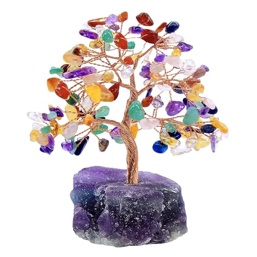 Vegena 7 Chakra Crystal Tree, Crystal Tree with Gemstones Base, Natural Healing Crystal Feng Shui Gemstone Tumbled Stones Money Tree, Ornaments for Home Decor Wealth Good Luck(12cm H)