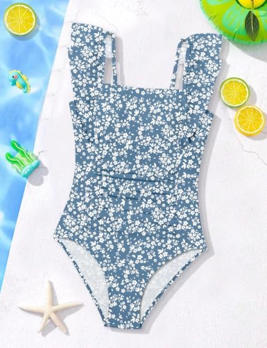 Image of NECIOUS Girls Swimsuit Ruffle Adjustable Straps One Piece Bathing Suit Solid Color Ruched Girls' Swimwear 9-16Y