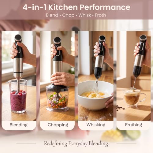 Image of iBELL AeroMix500 4-in-1 Hand Blender,1200W,2 year warranty,Adjustable Speed Control,Stainless Steel Immersion Blender with Whisk Beater, Milk Frother, 600ml Chopper & 700ml Measuring Cup (Black)