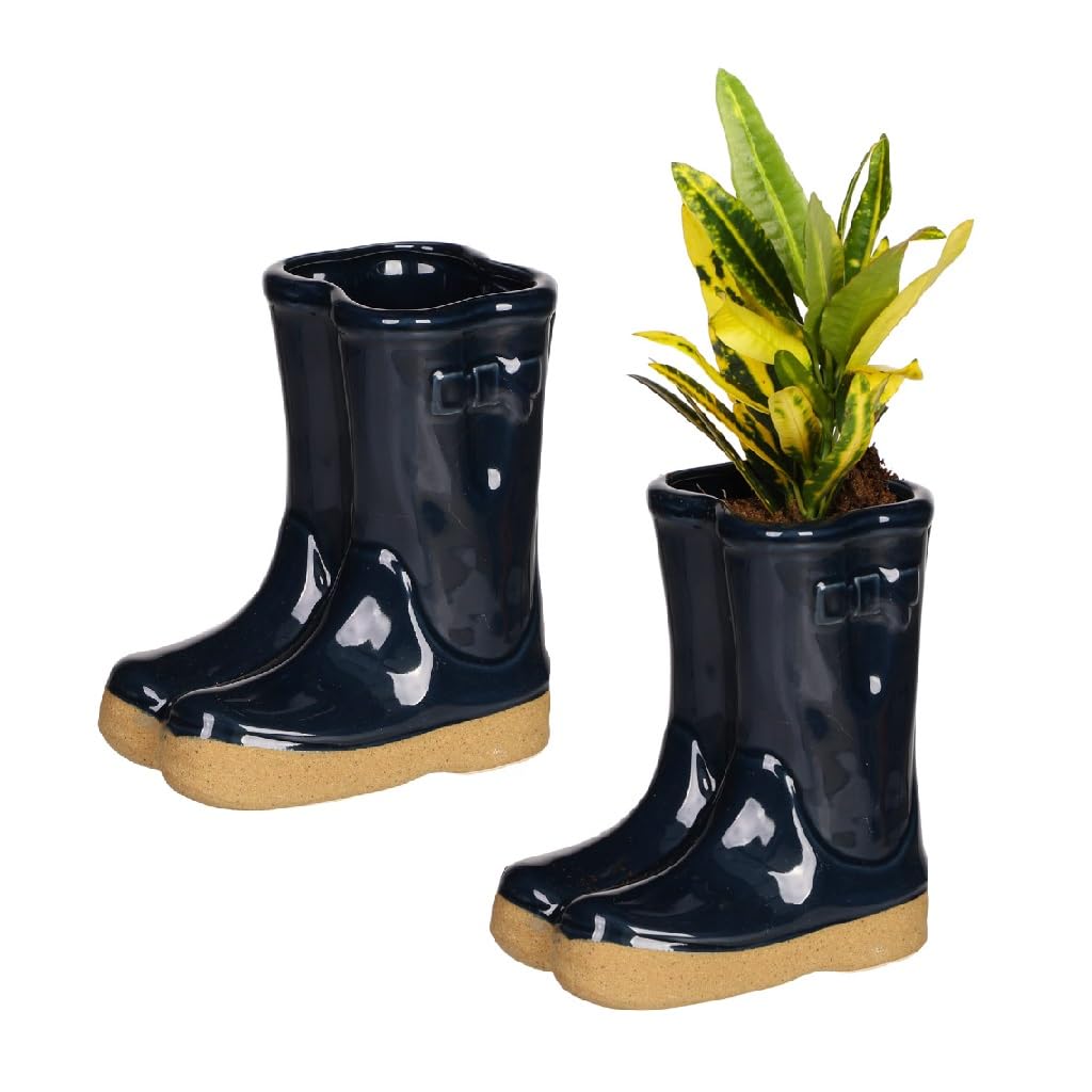 Dibor Set of 2 Ceramic Flower Pot Planters Blue Wellington Boot (CR10)