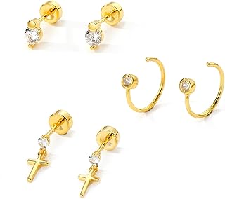 ODHLMFQ 18K ゴールドメッキ 上品なフラットバックイヤリング 女性用 - 低刺激性スチールポスト ヘリックス軟骨ピアスジュエリー - パール バタフライ ハート クロス フラットバック ライトニング ゴールド フープ イヤリング