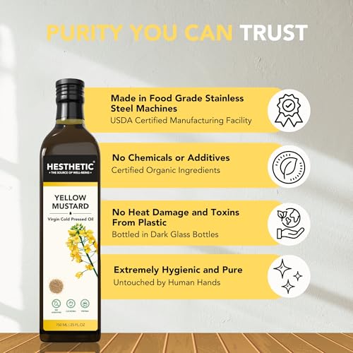 Image of HESTHETIC Cold Pressed Mustard (Sarson) Oil 750ml | Pure Sarson Ka Tel | Natural-Aroma Unrefined Cooking Oil for North Indian & Bengali Cuisine | German-Tech Single-Screw Press | Glass Jar