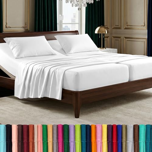 Image of Elegant Comfort Luxurious 1500 Premium Hotel Quality Microfiber Three Line Embroidered Softest 5-Piece Bed Sheet Set, Wrinkle and Fade Resistant, Split King, White