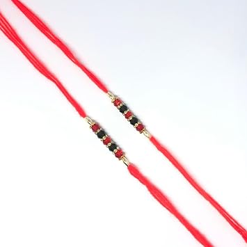 Multi Color Beads Designer, Red-Green Crystal with Stone Rings Rakhi Thread Set of 2