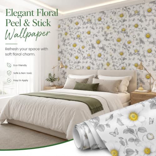 Image of White & Grey Floral Peel and Stick Wallpaper - Minimalist Botanical Self Adhesive Wallpaper with Yellow Flower Accents for Bedroom, Living Room, Kitchen, Office, Cabinets