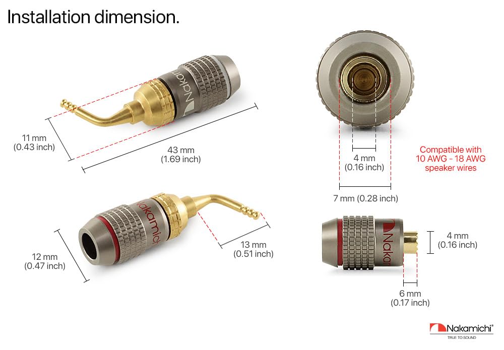 Nakamichi FanLock Excel placcato oro 24 carati 2mm Pin Spine a banana connettore, 10 AWG - 18 AWG spessore 4mm, per cavo amplificatori di altoparlanti, Hi-Fi Connessione rapida, 4 pezzi (2 paia)