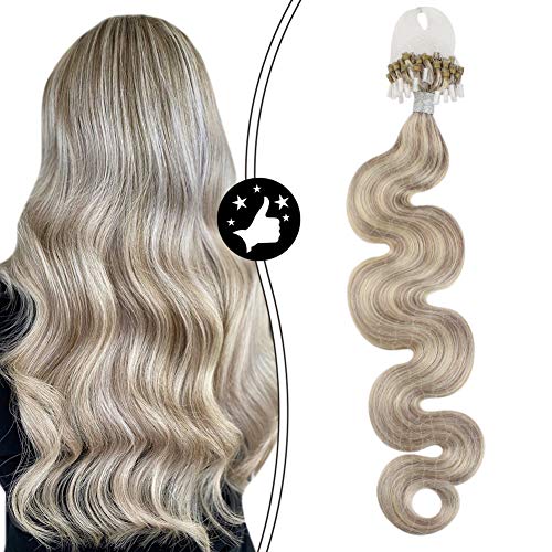 Moresoo 18 Inch Microlink Extensions 100% Human Hair Microbead Body Wave Hair Extensions Natural Hair Color #18 Ash Blonde Mixed #613 Bleach Blonde Micro Loop Hair Extensions Real Hair 50s 50g