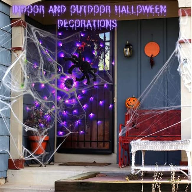 Halloween Decorations Spider Web Lights - 4FT Diameter 70 LEDs with Black Spider, Waterproof Net Lights, Remote Control, 8 Modes Cobweb Halloween Decorations for House Garden Indoor Outdoor (Purple)