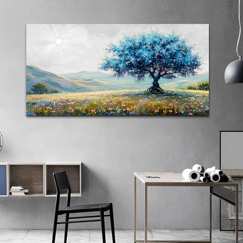 FUHAIHUA Large Wall Decor For Living Room Canvas Wall Art For Office Modern Wall Decorations For Bedroom Pastoral Landscape Painting Blue Tree Pictures Artwork Room Aesthetic Home Decor 24x48 In