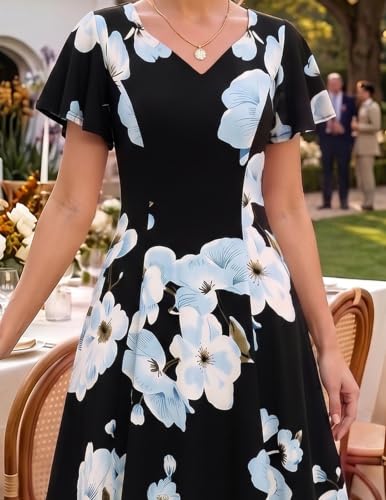 Image of HomRain Wedding Guest Dresses for Women Vintage Short Sleeves Casual Fit and Flare Cocktail Formal Dress for Tea Party