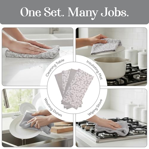Image of Kitchen Towels, Cotton Hand Towels, Grey and White Vine Ribbed Hand Drying Cloth Set of 4 Absorbent Hand Towels, 18 x 28 Kitchen Linens