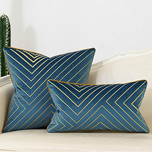 Avigers 12 X 20 Inch Light Blue Gold Striped Geometric Lines Embroidery Velvet Cushion Case Luxury Modern Lumbar Throw Pillow Cover Decorative Pillow For Couch Living Room Bedroom Car 30 X 50Cm thumb #5