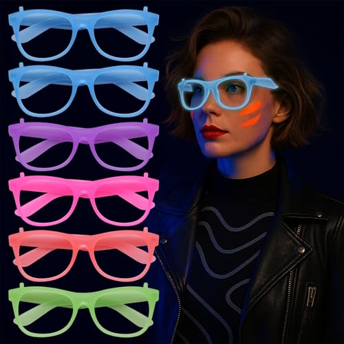 JGCWorker 6 Pack Glow in The Dark Neon Glasses – UV Blacklight Reactive Square Frame Eyewear in 5 Colors for Rave, 80s Party, Birthday, Festival, and Fluorescent Theme Decorations