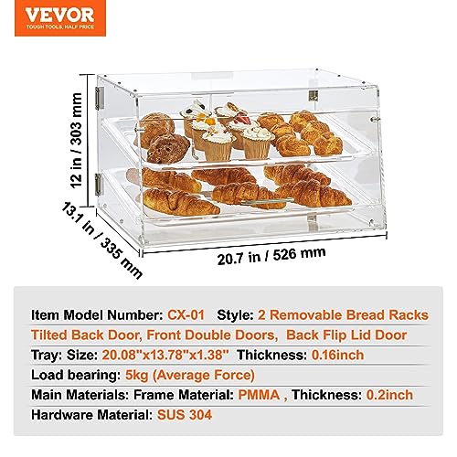 VEVOR Pastry Display Case, 2-Tier Commercial Countertop Bakery Display Case, Acrylic Display Box with Rear Door Access & Removable Shelves, Keep Fresh for Donut Bagels Cake Cookie, 20.7"x13.2"x11.9" by VEVOR - Image 7