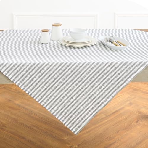 Solino Home 100% Linen Table Cloth, Throw, 52 x 52 in, Grey, Amalfi Stripe