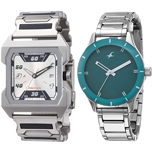 Image of Fastrack Women Stainless Steel Analogwhite and Blue Dial Couple's Watch (Nk1474Sm01 +Nk6078Sm01) | Rakshabandhan Gifts, Band Color-Silver