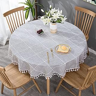 VIVILINEN Round Table Cloth Cotton Linen Wrinkle Free Tablecloths Plaids Tassel Washable Table Cover for Kitchen Home Dinning Grey 140cm Diameter