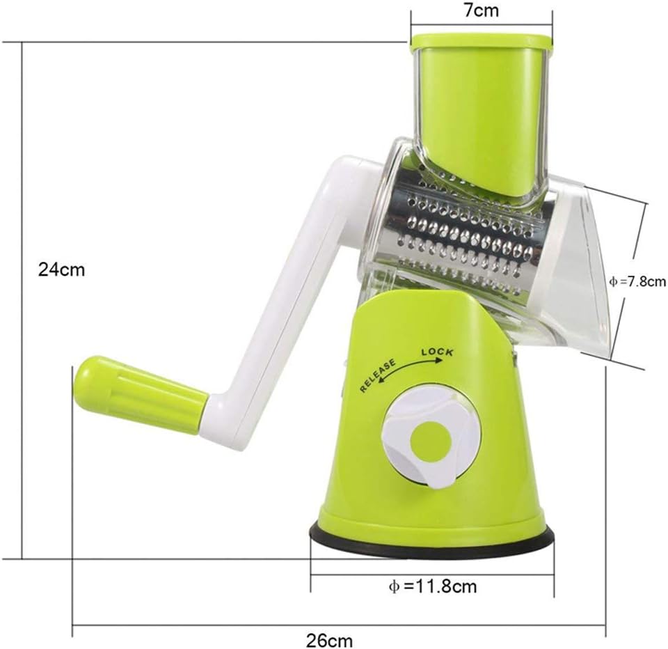 Multi-function vegetable cutter Hand drum rotary shaper, with 3 stainless steel blades, very suitable for potato grater, vegetable slicer, cheese grinder(green)