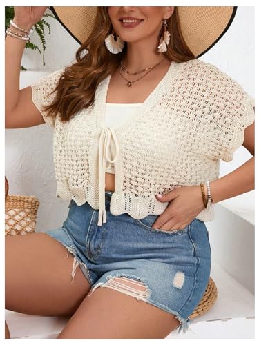 Floerns Women's Plus Size Crochet Hollow Out Tie Front Scallop Trim Crop Cardigan Sweater3