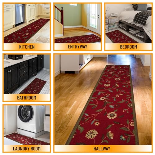 Ottomanson OTH2090-2X7 Machine Washable Floral Leaves Design Non-Slip Rubberback 2X7 Traditional Runner Rug thumb #2