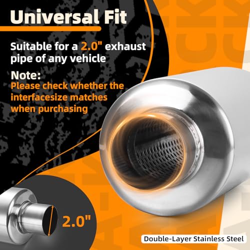 Image of A-KARCK 2 inch Inlet Exhaust Resonator, 2 inch Inlet 2 inch Outlet 13.8 inch Overall Length Muffler Resonator Stainless Steel Polished