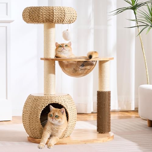 Árbol moderno para gatos pequeños y medianos de interior, 38" alto, madera y ratán miniatura 1