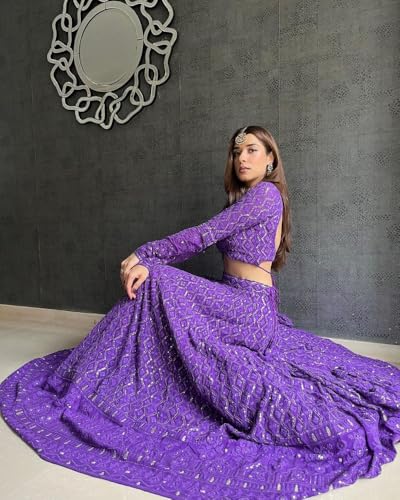 Image of JIHU CULTURE Georgette Sequence Lucknowi Embroidery Work Semi sttiched Lehenga choli set for women