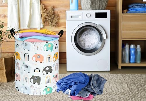 Image of Round Rainbow elephant Pattern Laundry Hamper Clothes Storage Basket Fabric Storage Hamper Organization Storage Bin, Nursery Box,Gift Basket with Handles
