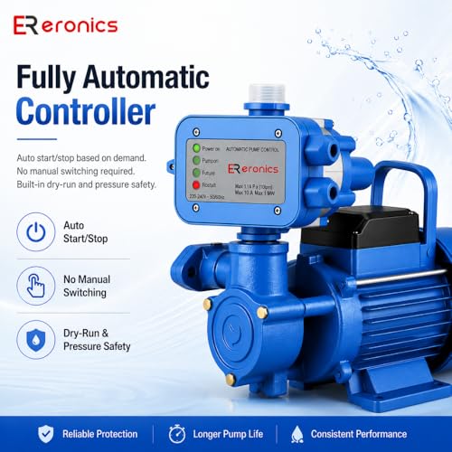 Image of 0.5 HP Pressure Booster Pump for Home with Automatic Pump Controller | Ideal for 2-3 Bathrooms & Kitchen | Constant Water Flow for Taps & Multi-Outlet Lines | Silent Copper Motor